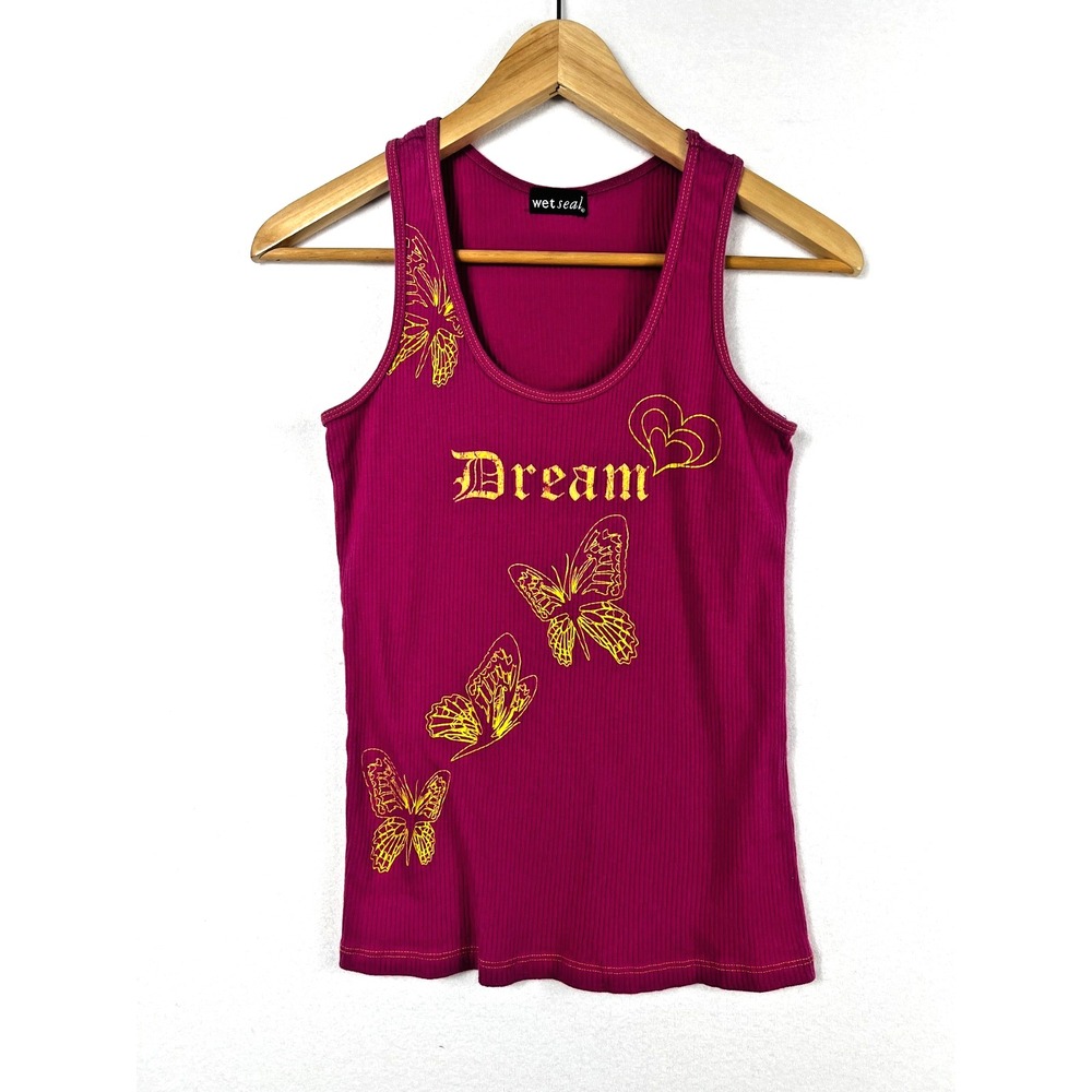 Wet Seal Tank Top Women S Pink Dream Butterfly Y2K Ribbed Graphic Sleeveless Tee